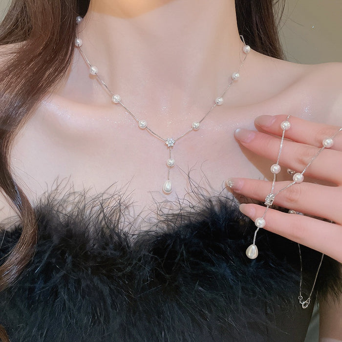 Korean Style Zircon Flower Faux Pearl Necklace Vintage Old Money Clavicle Choker