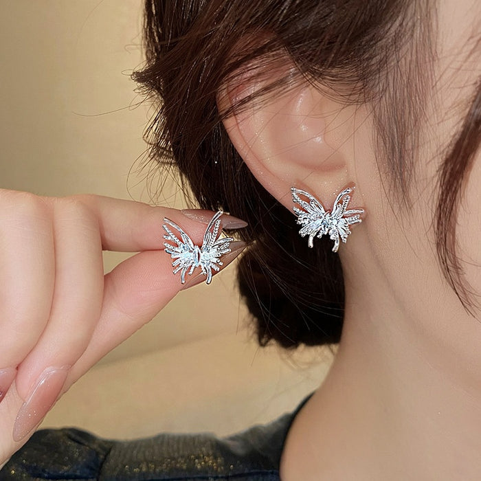Copper Zircon Firework Butterfly Stud Earrings With Silver Pins Minimalist Korean Style