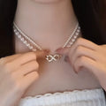 Korean Minimalist Geometric Zircon Faux Pearl Necklace Light Luxury Round Pendant Clavicle Chain view 2