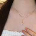 Korean Minimalist Geometric Zircon Faux Pearl Necklace Light Luxury Round Pendant Clavicle Chain view 3