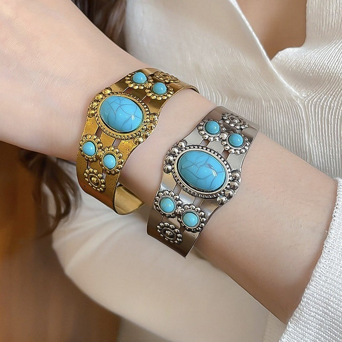 Vintage Iron Flower Open Bangle Bohemian Oval Metal Cuff Bracelet Light Luxury Retro Jewelry