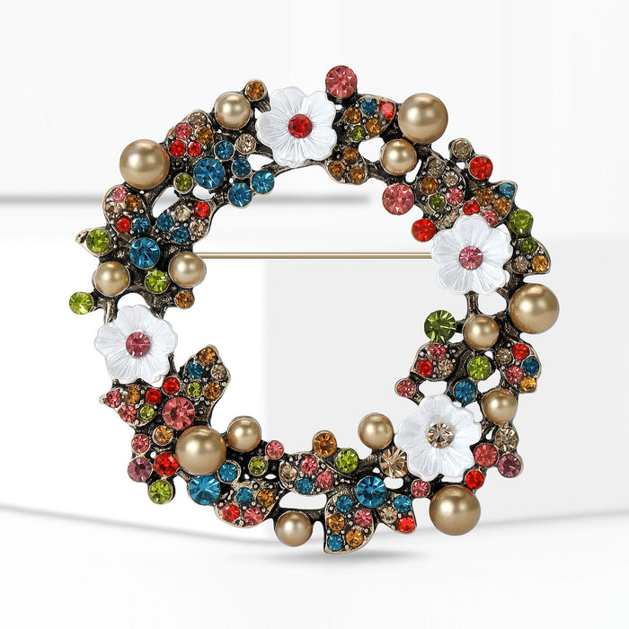 Alloy Rhinestone Pearl Christmas Wreath Brooch Pin For Suit Shawls