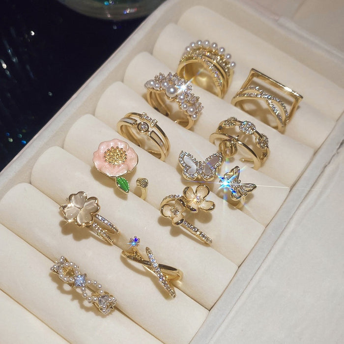 Gold Plated Zircon Flower Faux Pearl Open Ring Elegant Luxury Geometric Adjustable Jewelry