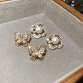 Gold Plated Silver Needle Zircon Flower Butterfly Faux Pearl Stud Earrings For Women view 2