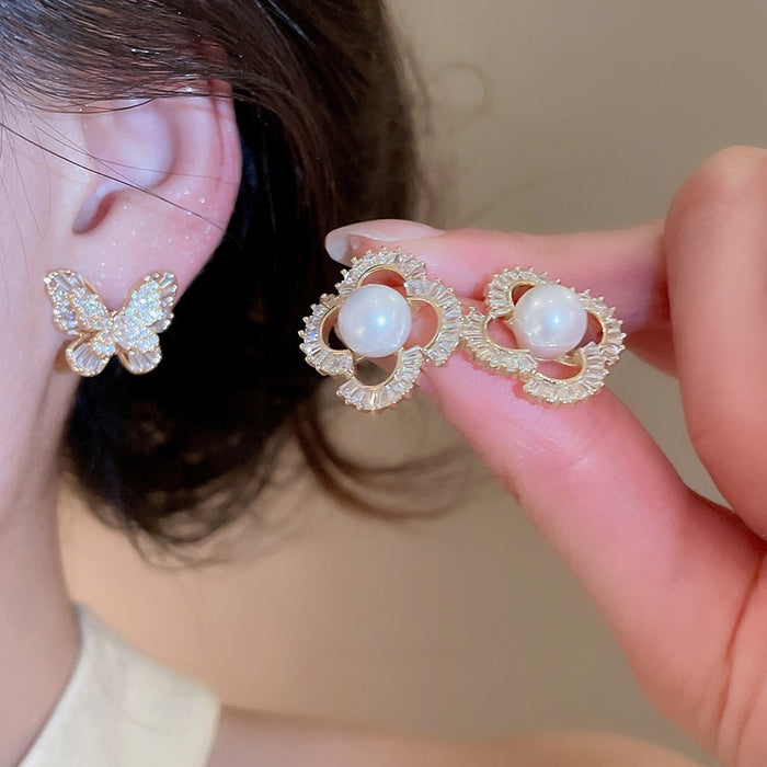Gold Plated Silver Needle Zircon Flower Butterfly Faux Pearl Stud Earrings For Women