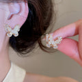 Gold Plated Silver Needle Zircon Flower Butterfly Faux Pearl Stud Earrings For Women view 3