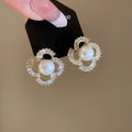 Gold Plated Silver Needle Zircon Flower Butterfly Faux Pearl Stud Earrings For Women view 4