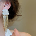 French Vintage Floral Rhinestone Faux Pearl Tassel Drop Earrings For Women view 3