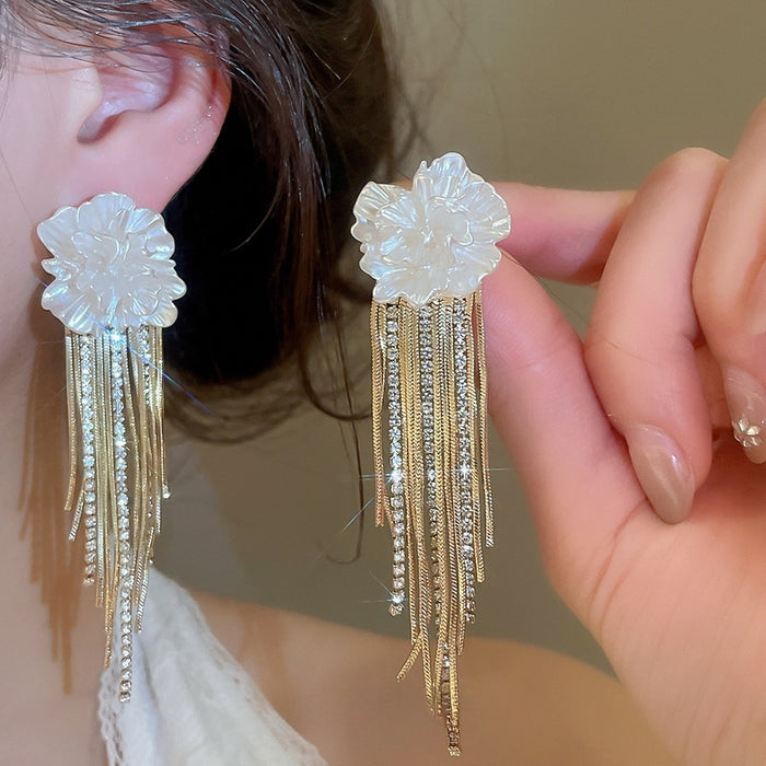 French Vintage Floral Rhinestone Faux Pearl Tassel Drop Earrings For Women