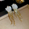 French Vintage Floral Rhinestone Faux Pearl Tassel Drop Earrings For Women view 4