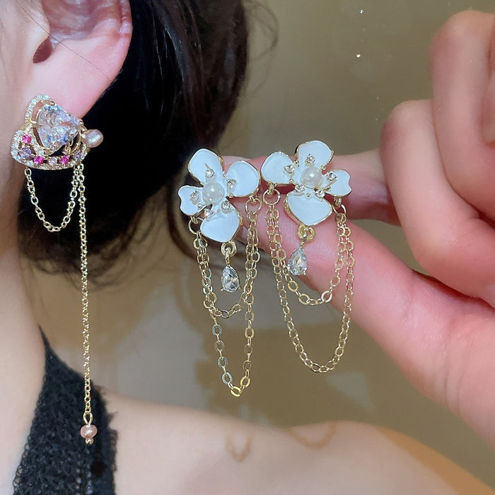 French Light Luxury Copper Heart Rhinestone Tassel Drop Earrings With Silver Posts
