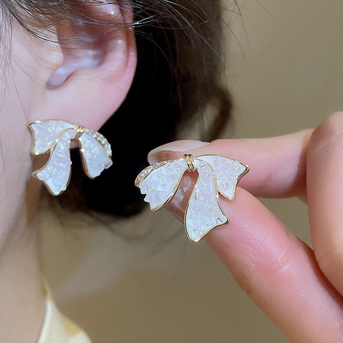 18K Gold Plated Silver Needle Zircon Crystal Bow Stud Earrings Elegant Light Luxury Style