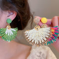 Raffia Straw Geometric Triangle Fan Pendant Drop Earrings Boho Beach Vacation Statement Jewelry for Women view 1