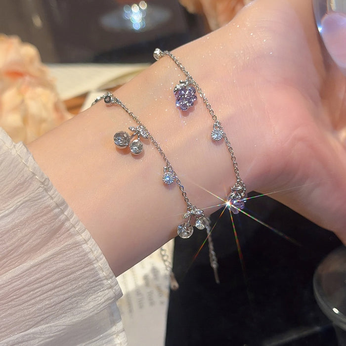 Korean Style Copper Rhinestone Grape Cherry Pendant Bangle For Women