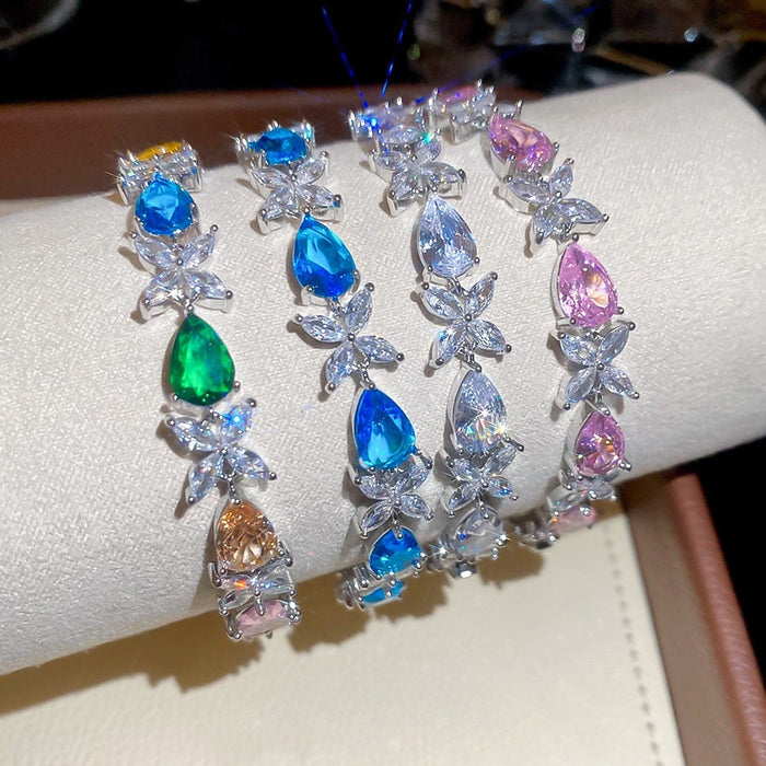 Korean Light Luxury Copper Zircon Teardrop Flower Bangle, Elegant Fashion Bracelet