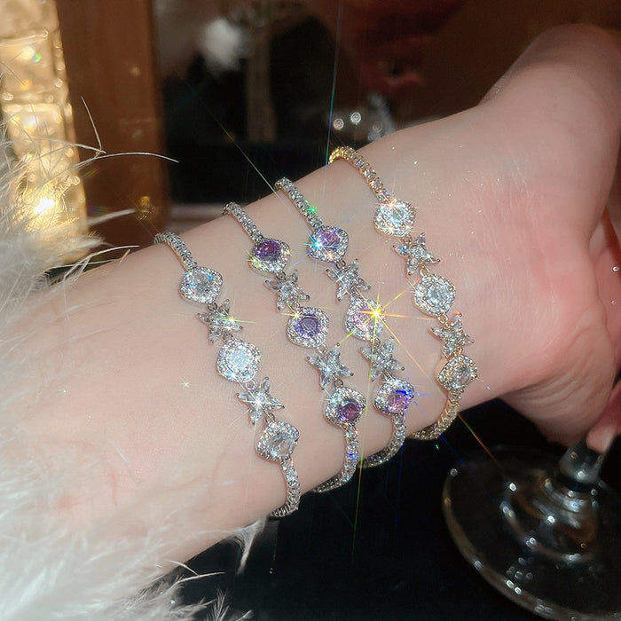 Korean Minimalist Copper Zircon Diamond Flower Bangle For Women Light Luxury Jewelry