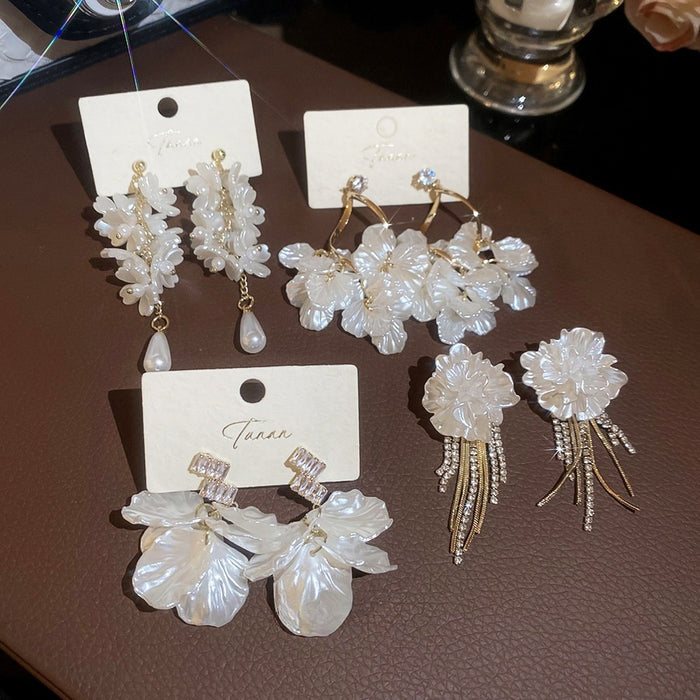 Sweet Style Camellia Flower Petal Faux Pearl Tassel Drop Earrings For Women