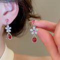 French Luxury Copper Zircon Flower Teardrop Clip-on Earrings for Non Pierced Ears view 4