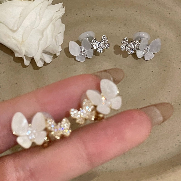 14K Gold Plated Copper Zircon Butterfly Stud Earrings With Silver Posts For Women