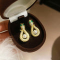 14K Gold Plated Copper Snake Pearl Zircon Stud Earrings Vintage Light Luxury Style view 2