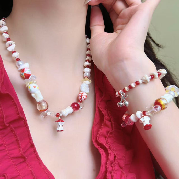 Light Luxury Artificial Crystal Beaded Bangle With Apple Cherry Fruit Charms For Women