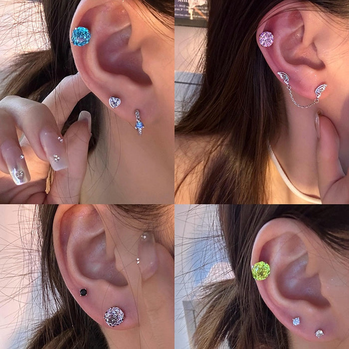 Korean Style Copper Zircon Round Thread Stud Earrings Light Luxury Geometric Daily Jewelry
