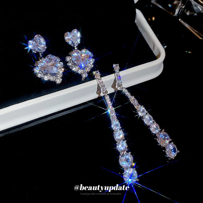 French Court Style Copper Zircon Heart Geometric Stud Earrings, Sparkling Luxe Fashion Jewelry