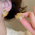 Copper French Metal Zircon Wrinkled Flower Stud Earrings Light Luxury Geometric Floral Jewelry view 3