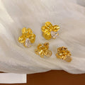 Copper French Metal Zircon Wrinkled Flower Stud Earrings Light Luxury Geometric Floral Jewelry view 2