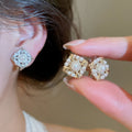 18K Gold Plated Zircon Iris Flower Diamond Faux Pearl French Vintage Clip-on Earrings view 2