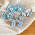 Elegant Faux Pearl Blue Flower Silver Needle Stud Earrings Jewelry Set for Office Lady view 3