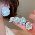 Elegant Faux Pearl Blue Flower Silver Needle Stud Earrings Jewelry Set for Office Lady view 2