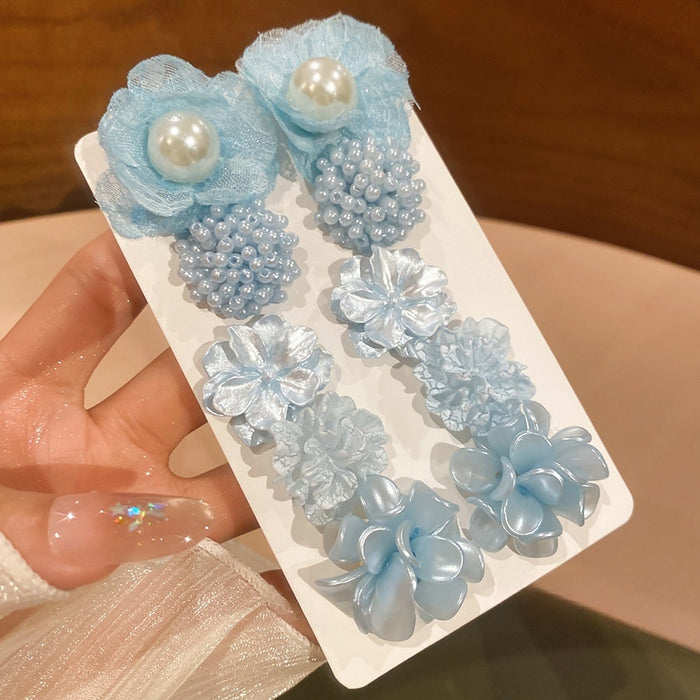 Elegant Faux Pearl Blue Flower Silver Needle Stud Earrings Jewelry Set for Office Lady