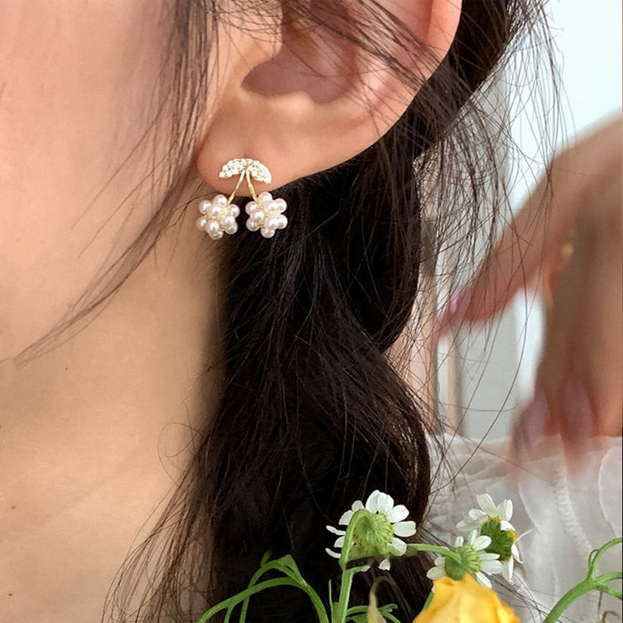 Light Luxury Faux Pearl Zircon Cherry Stud Earrings For Women Cute Minimalist Silver Pin Jewelry