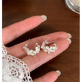 Fresh Floral C-Shaped Faux Pearl Stud Earrings With Enamel Flower Detail view 4