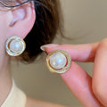 Vintage Round Faux Pearl Zircon Stud Earrings For Women, Elegant OL Style Jewelry view 1
