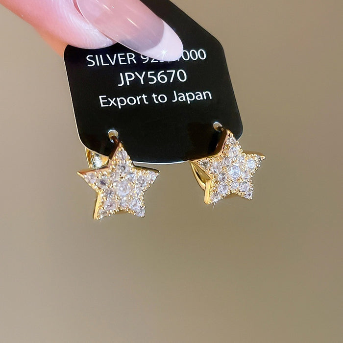 14K Gold Plated Copper Zircon Five Point Star Earrings For Women Minimalist Luxury Style