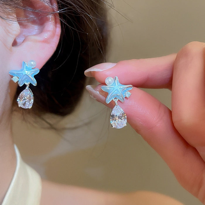 Minimalist Star Zircon Teardrop Faux Pearl Silver Needle Stud Earrings For Women