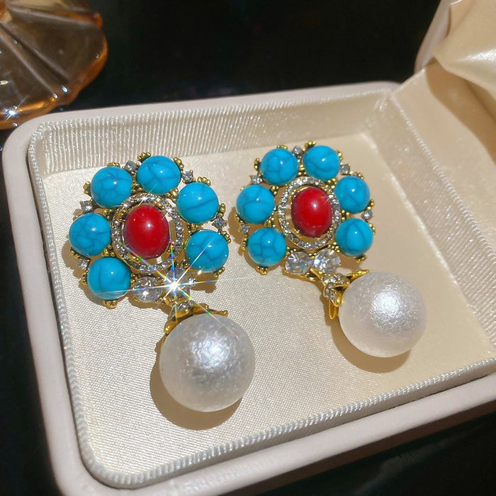 Faux Pearl Flower Rhinestone Stud Earrings With Silver Needle, Vintage European Antique Style For Women