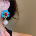 Faux Pearl Flower Rhinestone Stud Earrings With Silver Needle, Vintage European Antique Style For Women view 4