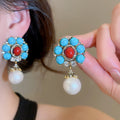 Faux Pearl Flower Rhinestone Stud Earrings With Silver Needle, Vintage European Antique Style For Women view 2