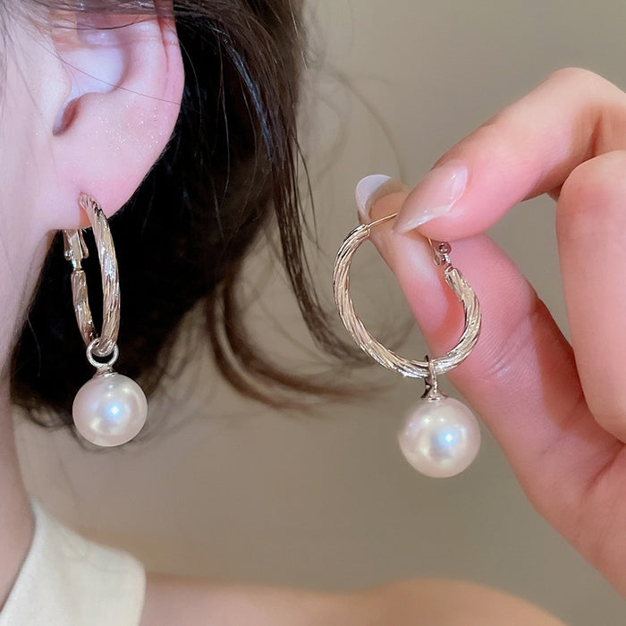Coffee Beige Faux Pearl Oval Geometric Hoop Earrings For Women, Minimalist Chic Daily Fashion Jewelry