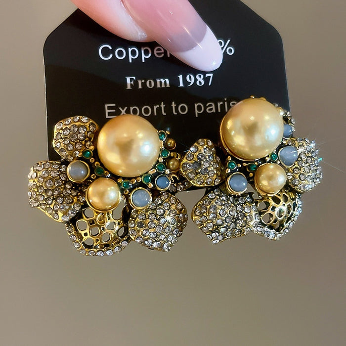 Vintage Floral Faux Pearl Rhinestone Stud Earrings With Silver Needle For Women