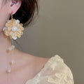 French Vintage Fabric Flower Tassel Faux Pearl Drop Earrings For Women view 4