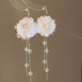 French Vintage Fabric Flower Tassel Faux Pearl Drop Earrings For Women view 1