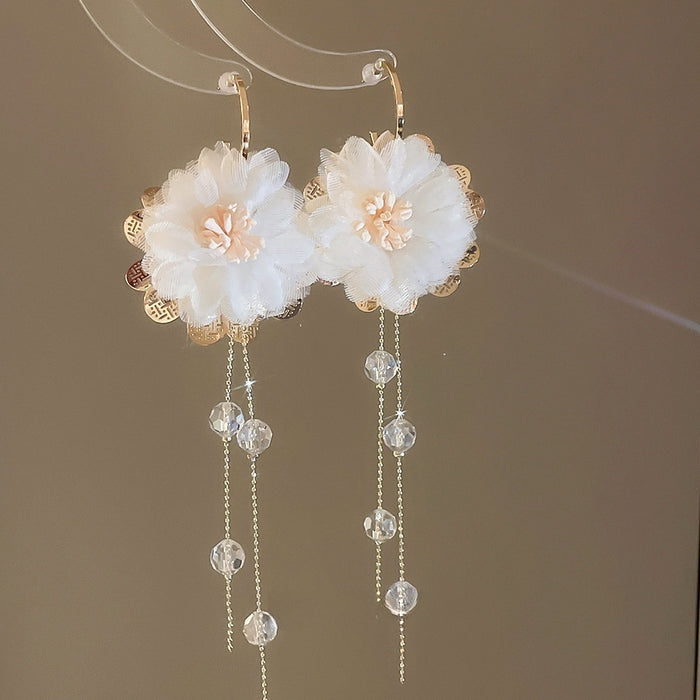 French Vintage Fabric Flower Tassel Faux Pearl Drop Earrings For Women