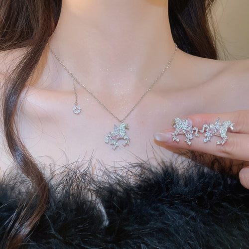 Light Luxury Copper Zircon Horse Earrings And Necklace Jewelry Set For Elegant Sweet Style