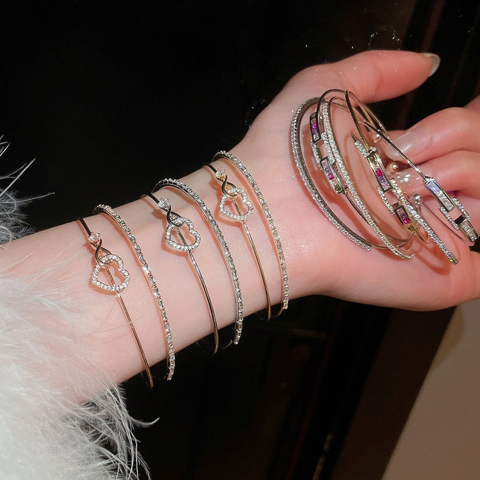 Light Luxury Copper Zircon Geometric Double Layer Heart Bangle For Women