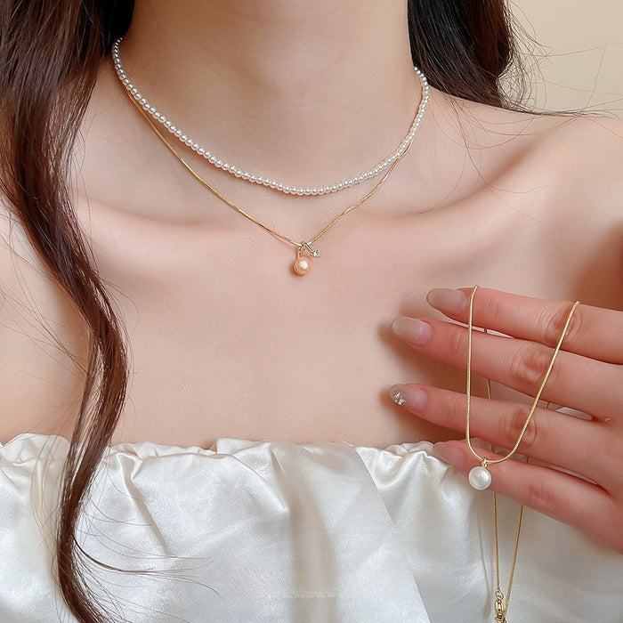 18K Gold Plated Zircon Faux Pearl Double Layer Necklace Old Money Geometric Round Choker