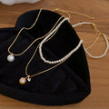 18K Gold Plated Zircon Faux Pearl Double Layer Necklace Old Money Geometric Round Choker view 4